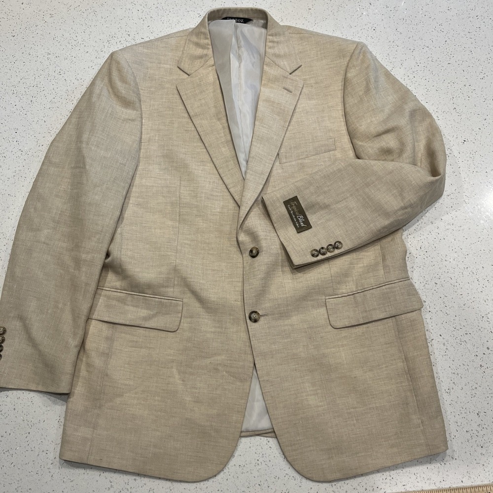 Jos A Bank Tropical Blend Blazer 44L Long Tan Linen Wool Blend Tailored Fit